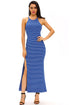 Sexy Blue White Stripes Maxi Dress with Side Slit