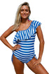 Sexy Blue White Stripes Ruffle One Piece Swimsuit