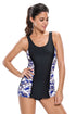 Sexy Bluish Print Black Panel Tank Style 1pc Bathing Suit