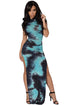 Sexy Bluish Tie Dye Vintage Short Sleeve Cheongsam Dress