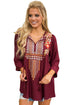 Sexy Bohemian Embroidery Burgundy Sleeved Blouse