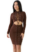 Sexy Brown Lace-up Corset Cut Out Long Sleeve Dress
