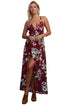 Sexy Burgundy Floral Chiffon Spaghetti Straps Maxi Dress