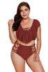 Sexy Burgundy Frill Tankini Crisscross High Waist Swimsuit