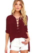 Sexy Burgundy Long Sleeve Lace-up Top
