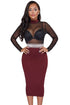Sexy Burgundy Mesh Top Waist Decor Bodycon Midi Dress