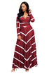 Sexy Burgundy Striped V Neck Long Sleeve Maxi Dress