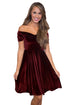 Sexy Burgundy Velvet Off Shoulder Pleated Skater Dress