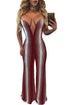 Sexy Burgundy White Stripes Plunging V Neck Jumpsuit