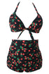 Sexy Cherry Print Black Retro High Waist 2 Pieces Swimsuit
