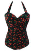 Sexy Cherry Print Black Retro One Piece Swimsuit