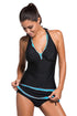Sexy Contrast Blue Trim Black Halter Tankini Skort Swimsuit