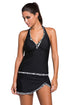 Sexy Contrast White Trim Black Halter Tankini Skort Swimsuit