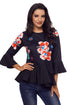Sexy Cute Flowery Print Black Bell Sleeve Peplum Top