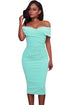 Sexy Cyan Ruched Off Shoulder Bodycon Midi Dress