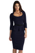 Sexy Dark Blue Long Sleeve Belted Peplum Midi Dress