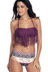 Sexy Dark Purple Halter Fringed Floral Printed Bikini Swimsuit