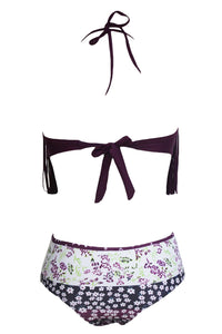Sexy Dark Purple Halter Fringed Floral Printed Bikini Swimsuit