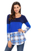 Sexy Dual Blue Block Plaid Splice Long Sleeve Top