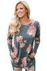 Sexy Floral Print Elbow Patch Grey Long Sleeve Top with Pocket