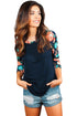 Sexy Floral Print Raglan Sleeve Black Top
