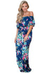 Sexy Flower Print Blue Grounding Off Shoulder Long Boho Dress