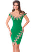 Sexy Gold Lace Applique Green Off Shoulder Mini Dress