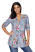 Sexy Gray V Neck Pleat Button Front Floral Tunic Top