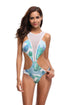 Sexy Green Leaf Print Cutout Mesh Monokini Swimsuit