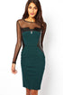 Sexy Green Midi Dress with PU and Mesh Inserts