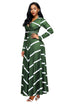 Sexy Green Striped V Neck Long Sleeve Maxi Dress