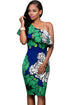 Sexy Greenish Floral Print Frill One Shoulder Midi Dress