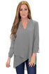 Sexy Grey Asymmetric Hemline Roll Tab Sleeve Blouse