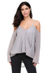 Sexy Grey Cold Shoulder Overlap V Neck Long Sleeve Top