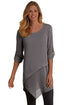 Sexy Grey Roll-tab Sleeve Asymmetric Hemline Crepe Blouse