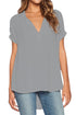 Sexy Grey V Neck Short Sleeve Oversize Chiffon Blouse