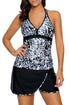 Sexy Grey White Spots V-neck Tankini Wrapped Skirt Swimsuit