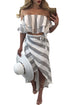 Sexy Grey and White Stripes Ruffled Top and Skirt
