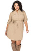 Sexy Khaki Plus Size Belted Textured Shirt Dress