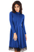 Sexy Lace Hemline Detail Royal Blue Long Sleeve Skater Dress