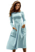 Sexy Light Blue Bateau Collar Casual Big Pocket Skater Dress