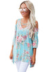 Sexy Light Blue Floral Print Three Quarter Sleeve Drop Shoulder Blouse