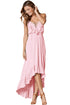 Sexy Light Pink Lace Up V Neck Ruffle Trim Hi-low Maxi Dress