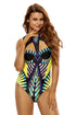 Sexy Mesh Cutout High Neck Egyptian Print One Piece Swimsuit