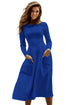 Sexy Navy Bateau Collar Casual Big Pocket Skater Dress