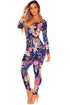Sexy Navy Blue Floral Faux Wrap Long Sleeve Jumpsuit