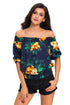 Sexy Navy Blue Floral Off-the-shoulder Top