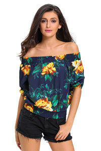 Sexy Navy Blue Floral Off-the-shoulder Top