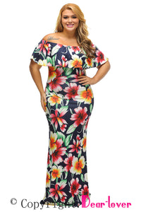 Sexy Navy Blue Roses Print Off-the-shoulder Maxi Dress