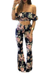 Sexy Navy Floral Print Ruffle Crop Top and Pant Set